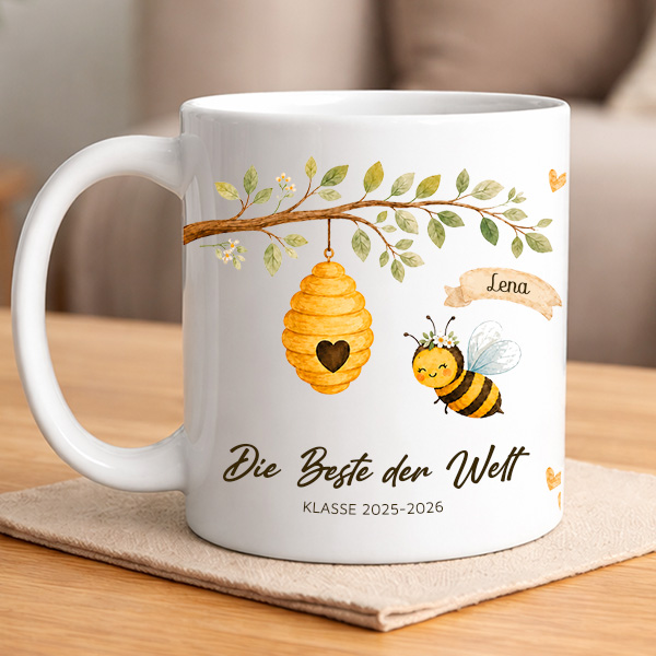 Tasse für Lehrkräfte mit Bienchen und personalisierten Namen