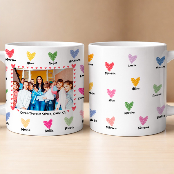Tasse für Lehrkräfte mit Herzen und personalisiertem Foto