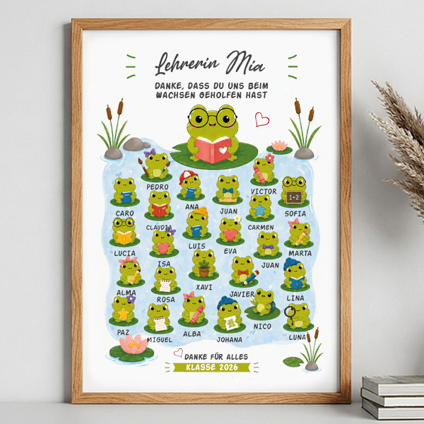 Poster für Lehrkräfte mit Fröschchen und personalisierten Namen