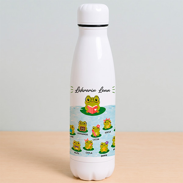 Flasche für Lehrkräfte mit Fröschchen und personalisierten Namen