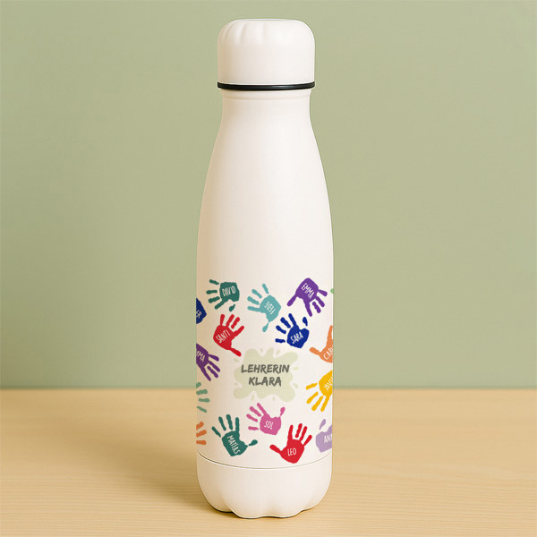 Flasche Bunte Hände mit Namen und personalisiertem Text