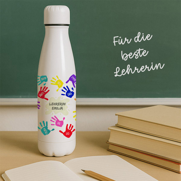Flasche Bunte Hände mit Namen und personalisiertem Text