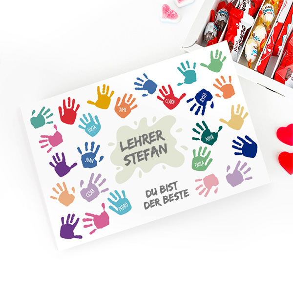 Personalisierte Süßigkeitenbox Bunte Hände mit Namen und Text