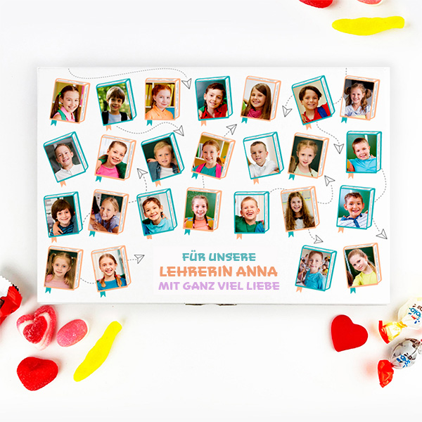 Personalisierte Süßigkeitenbox mit Schülerfotos und Text