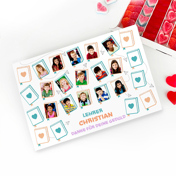Personalisierte Süßigkeitenbox mit Schülerfotos und Text