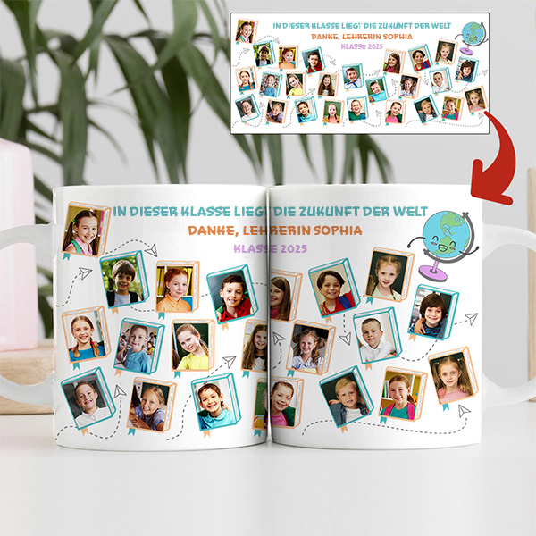 Personalisierte Tasse mit Schülerfotos und Text