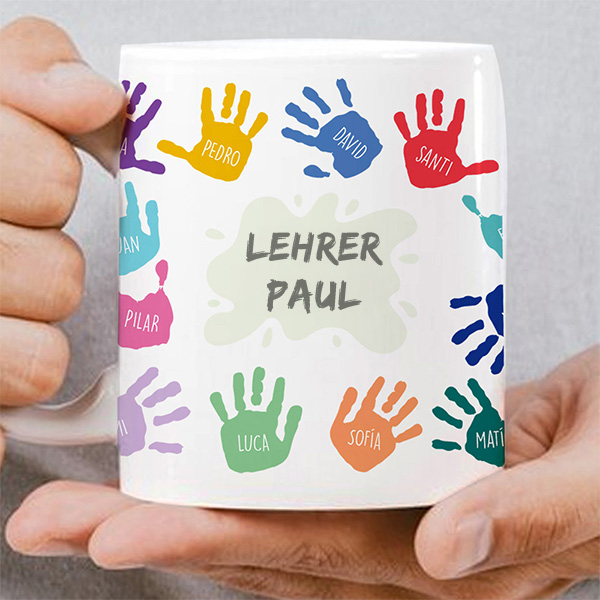 Personalisierte Tasse Bunte Hände mit Namen und Text