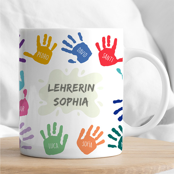 Personalisierte Tasse Bunte Hände mit Namen und Text
