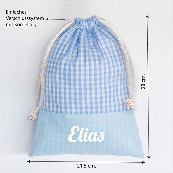 Personalisierter Kinder-Snackbeutel mit blauem Karomuster