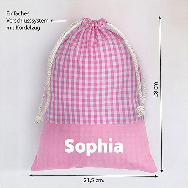 Personalisierter Kinder-Snackbeutel mit rosa Karomuster