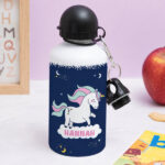 Personalisierte Kinderflasche mit bunten Einhörnern Miniaturansicht von Personalisierte Kinderflasche mit bunten Einhörnern