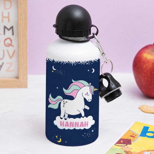 Personalisierte Kinderflasche mit bunten Einhörnern