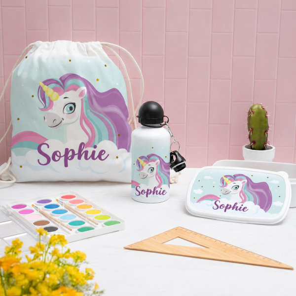Personalisierte Kinderflasche mit bunten Einhörnern