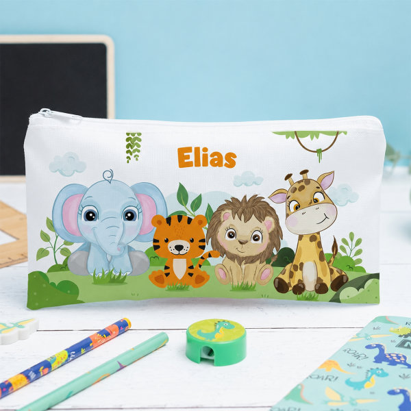 Personalisiertes Kinder-Federmäppchen mit Dschungeltieren