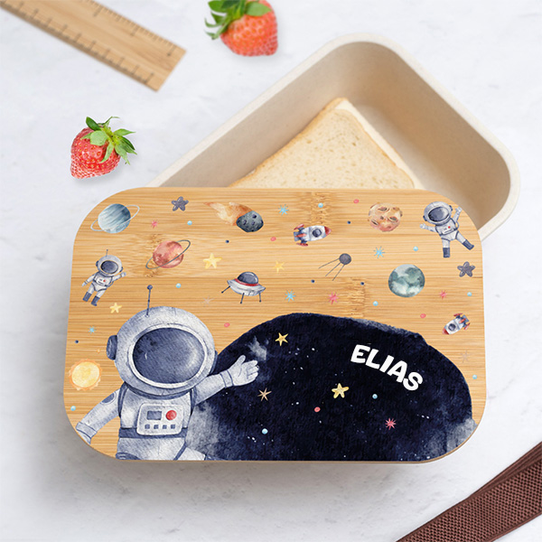 Personalisierte Kinder-Brotdose mit Bambusdeckel und Astronaut im Weltall