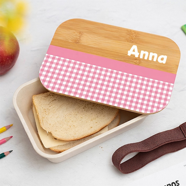 Personalisierte Kinder-Brotdose mit Bambusdeckel und Karomuster