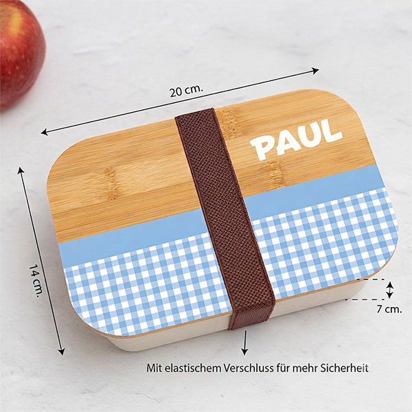Personalisierte Kinder-Brotdose mit Bambusdeckel und Karomuster
