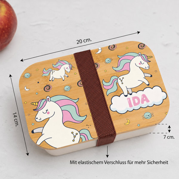 Personalisierte Kinder-Brotdose mit Bambusdeckel und bunten Einhörnern