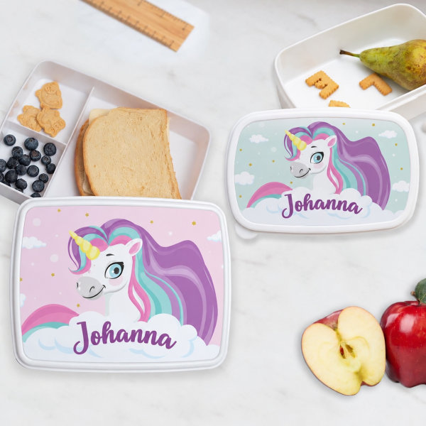 Personalisierte Kinder-Brotdose mit bunten Einhörnern