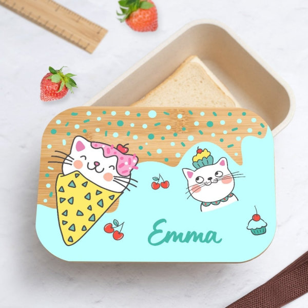 Personalisierte Kinder-Brotdose mit Bambusdeckel und Kätzchen