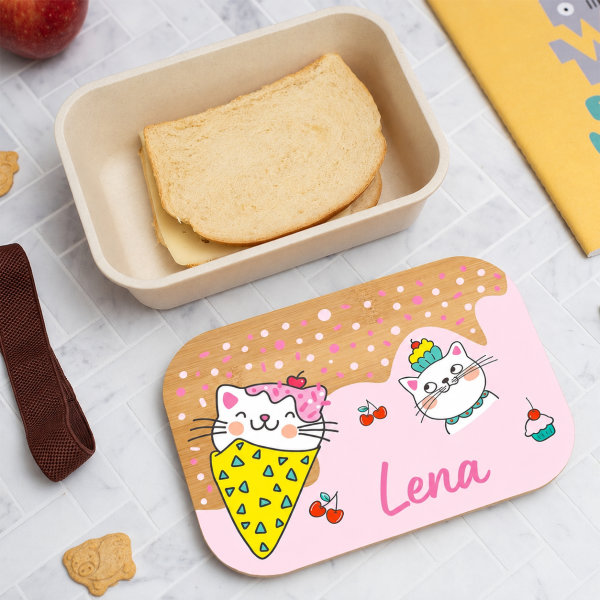 Personalisierte Kinder-Brotdose mit Bambusdeckel und Kätzchen