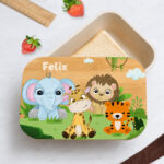 Personalisierte Kinder-Brotdose mit Bambusdeckel und Dschungeltieren Miniaturansicht von Personalisierte Kinder-Brotdose mit Bambusdeckel und Dschungeltieren