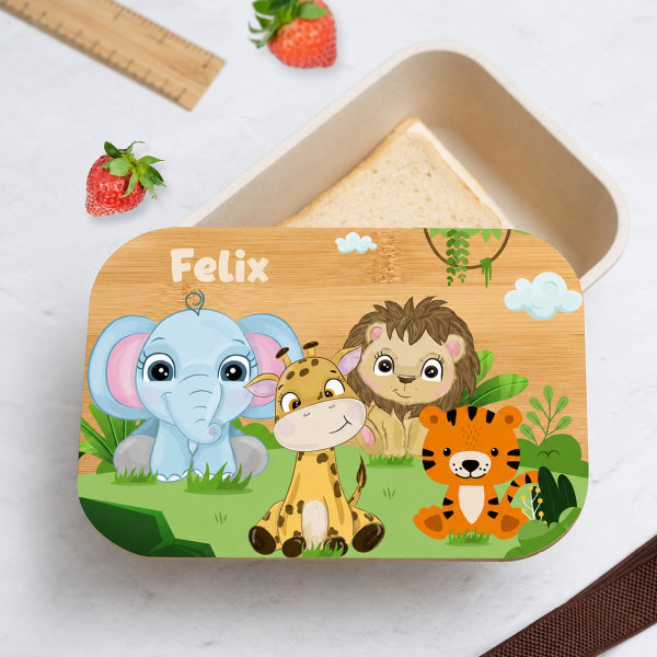 Personalisierte Kinder-Brotdose mit Bambusdeckel und Dschungeltieren Personalisierte Kinder-Brotdose mit Bambusdeckel und Dschungeltieren