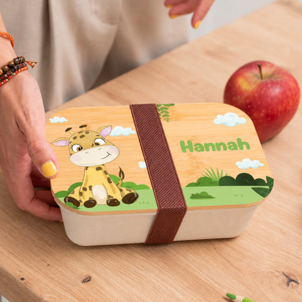 Personalisierte Kinder-Brotdose mit Bambusdeckel und Dschungeltieren
