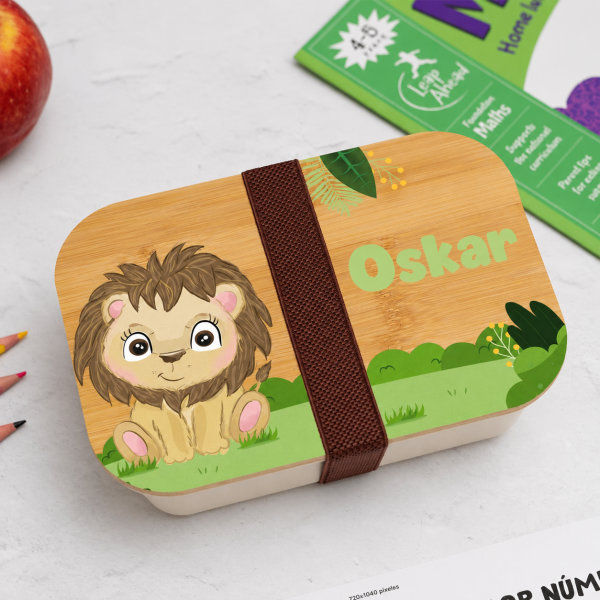 Personalisierte Kinder-Brotdose mit Bambusdeckel und Dschungeltieren