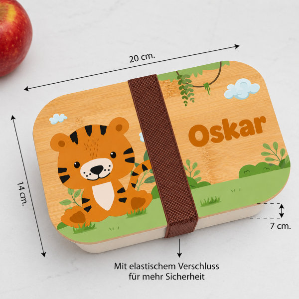Personalisierte Kinder-Brotdose mit Bambusdeckel und Dschungeltieren