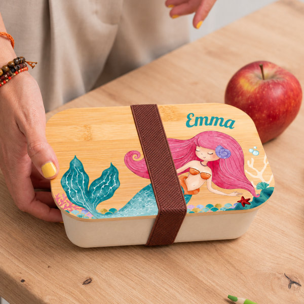 Personalisierte Kinder-Brotdose mit Bambusdeckel und Meerjungfrau