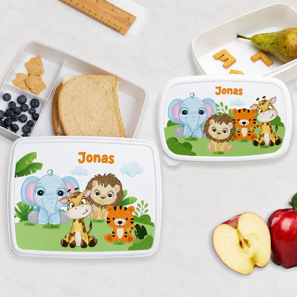 Personalisierte Kinder-Brotdose mit Dschungeltieren