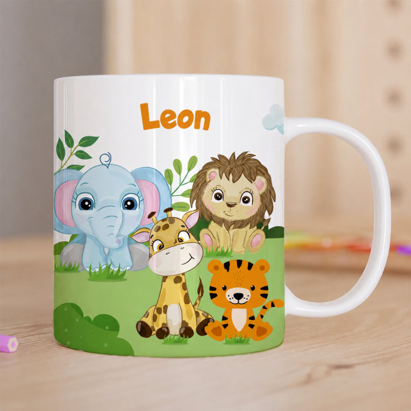 Unzerbrechliche personalisierte Kindertasse mit Dschungeltieren und Name