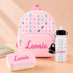 Rosa Kinder-Schulset mit Blättern und personalisiertem Namen Miniaturansicht von Rosa Kinder-Schulset mit Blättern und personalisiertem Namen