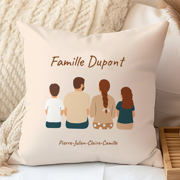 Coussin Famille de Dos avec Noms et Texte personnalisé