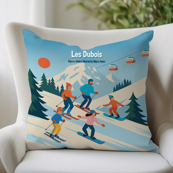Coussin Ski en Montagne avec Noms et Texte personnalisé