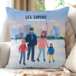 Coussin Famille en Patins avec Noms et Texte personnalisé Vignette de Coussin Famille en Patins avec Noms et Texte personnalisé