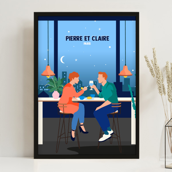 Affiche Illustration de Couple avec Noms et Texte personnalisé