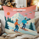 Vignette de Coussin Ski en Montagne avec Noms et Texte personnalisé