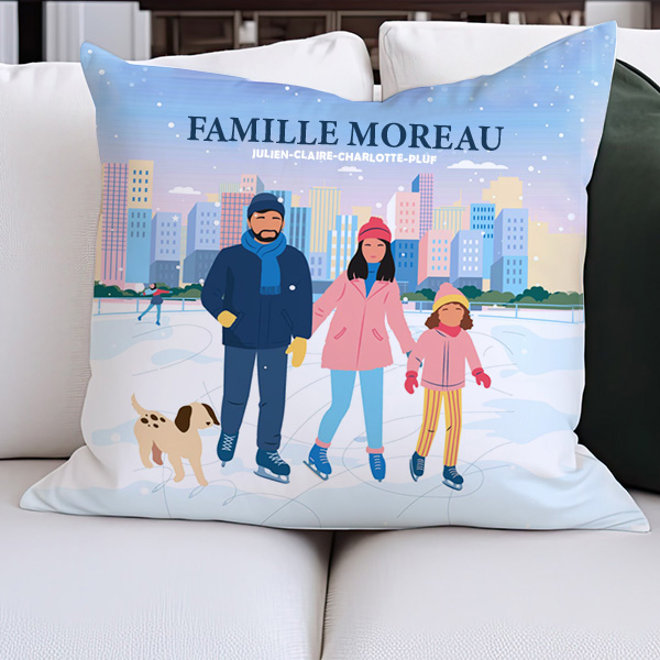 Coussin Famille en Patins avec Noms et Texte personnalisé