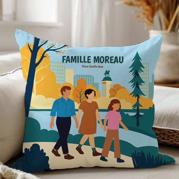 Coussin Famille au Parc avec Noms et Texte personnalisé