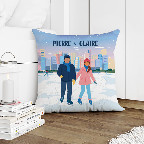 Coussin Famille en Patins avec Noms et Texte personnalisé