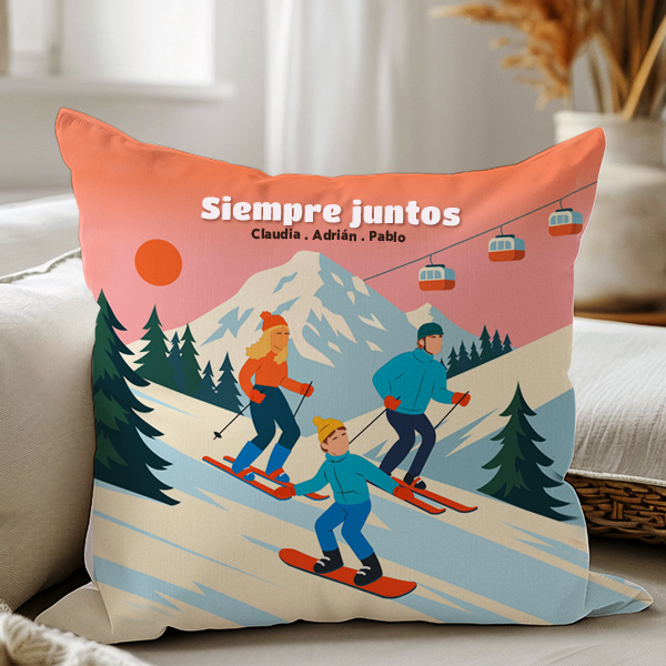 Coussin Ski en Montagne avec Noms et Texte personnalisé