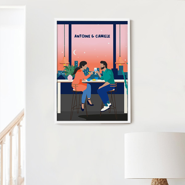 Affiche Illustration de Couple avec Noms et Texte personnalisé