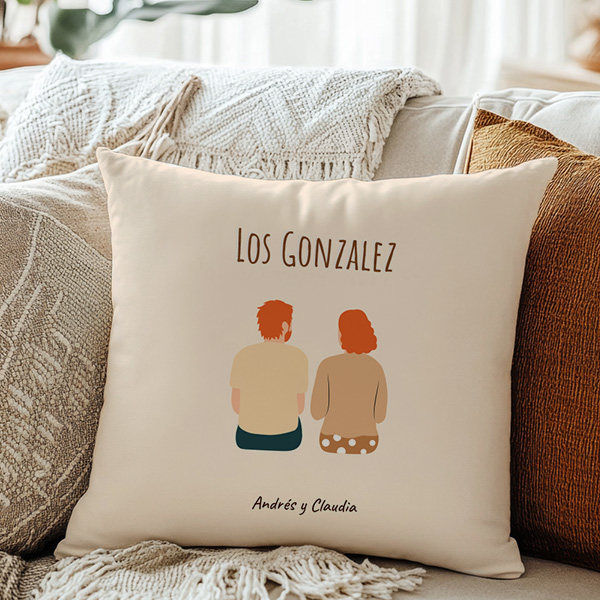 Coussin Famille de Dos avec Noms et Texte personnalisé