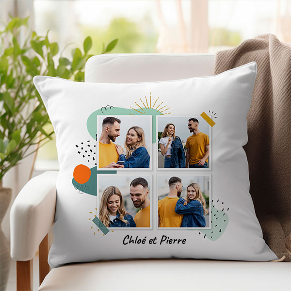 Coussin Polaroid avec Quatre Photos et Texte personnalisé