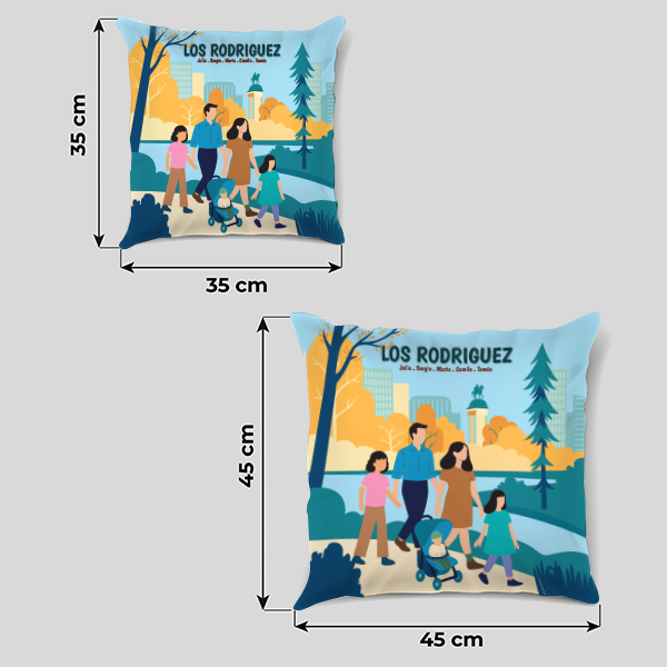 Coussin Famille au Parc avec Noms et Texte personnalisé