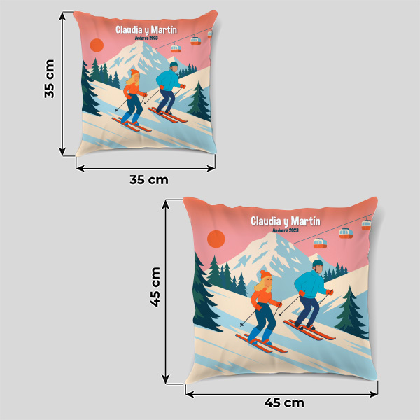 Coussin Ski en Montagne avec Noms et Texte personnalisé