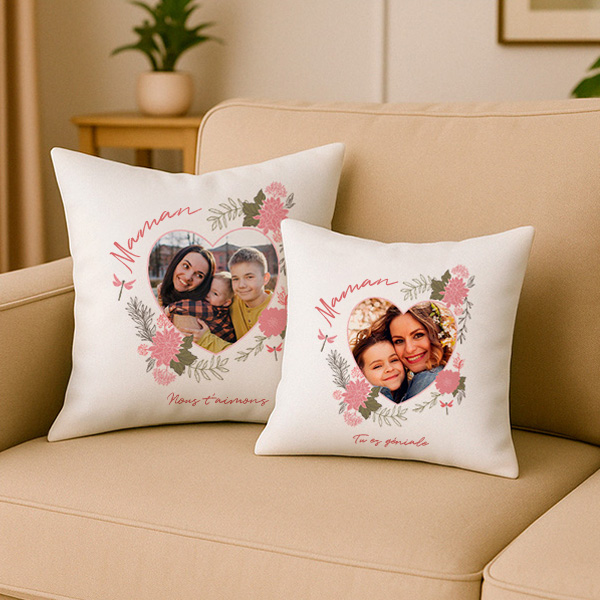 Coussin Cœur Floral avec Photo et Texte Personnalisé