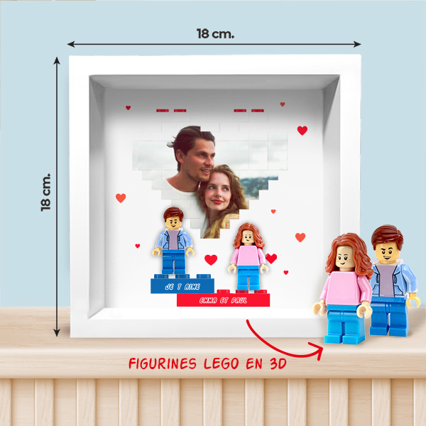 Tableau avec minifigurines Lego, cœur avec photo et texte personnalisé